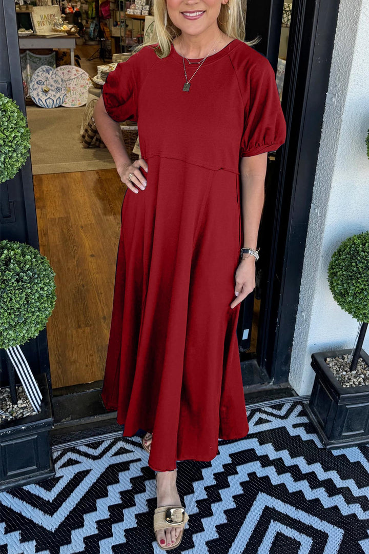 Elis | Women's Solid Color Puff Sleeve Round Neck Long Dress