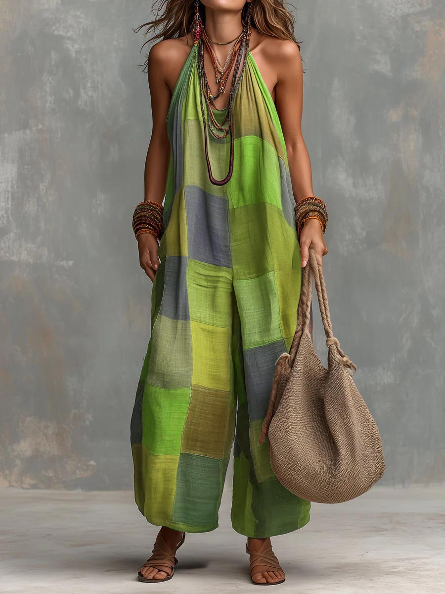 Tarevia - Halter Neck Patchwork Jumpsuit