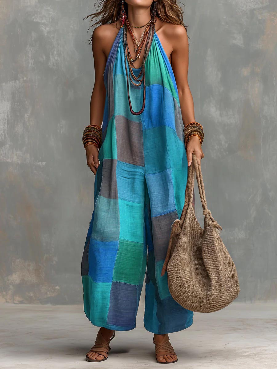 Tarevia - Halter Neck Patchwork Jumpsuit