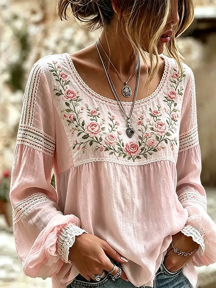 Mireille™ | Linen Blouse with Rose Embroidery & Lace Details