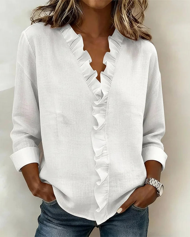 LUNA | Blouse with Ruffles, V-Neck and Long Sleeves