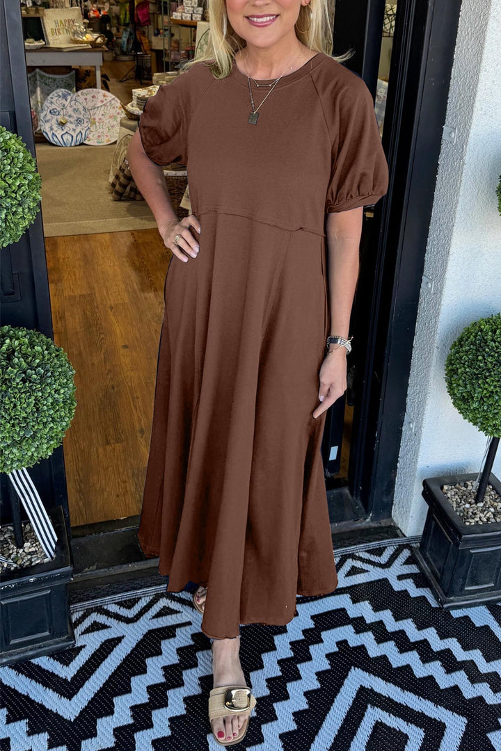 Elis | Women's Solid Color Puff Sleeve Round Neck Long Dress