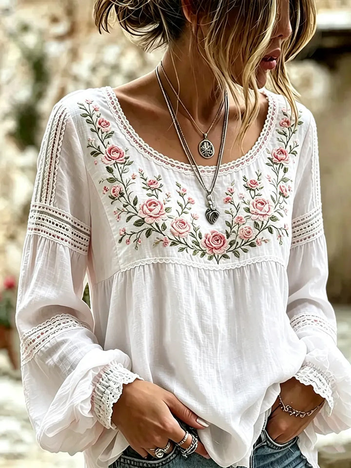 Mireille™ | Linen Blouse with Rose Embroidery & Lace Details