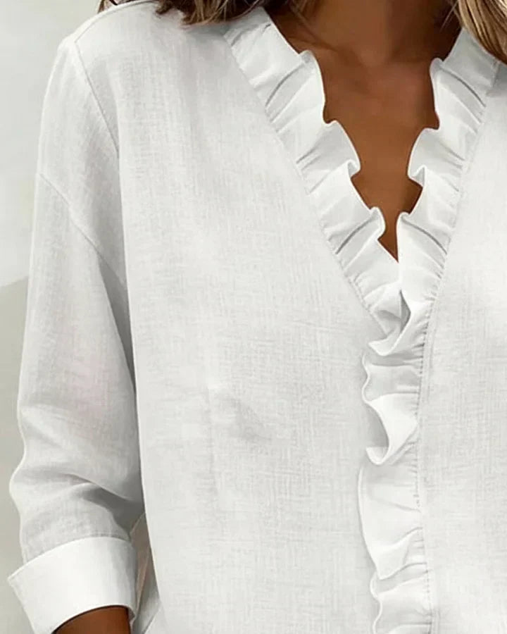 LUNA | Blouse with Ruffles, V-Neck and Long Sleeves