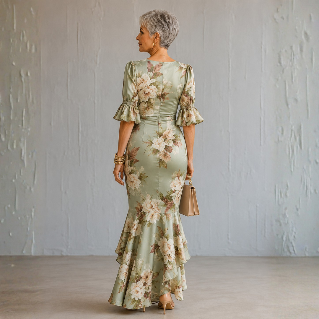 Anna | Long asymmetric green satin dress with a V-neckline