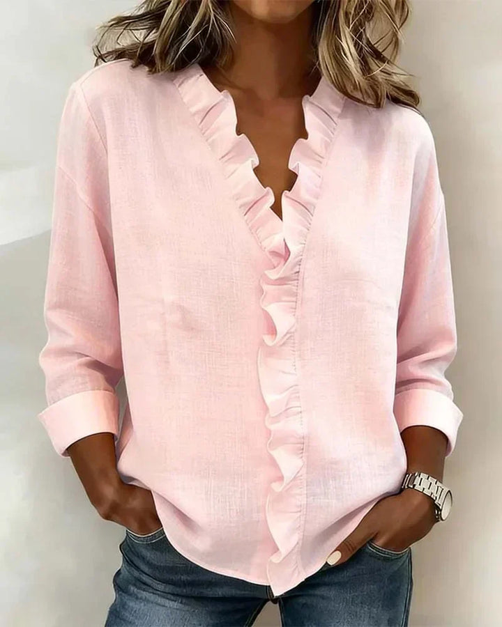 LUNA | Blouse with Ruffles, V-Neck and Long Sleeves