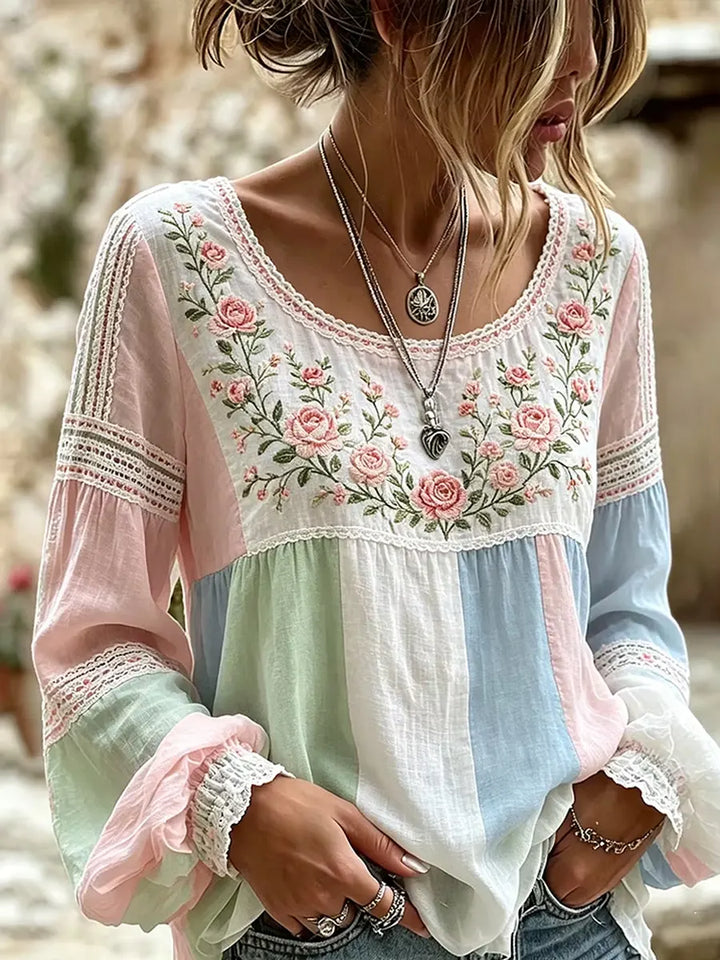 Mireille™ | Linen Blouse with Rose Embroidery & Lace Details