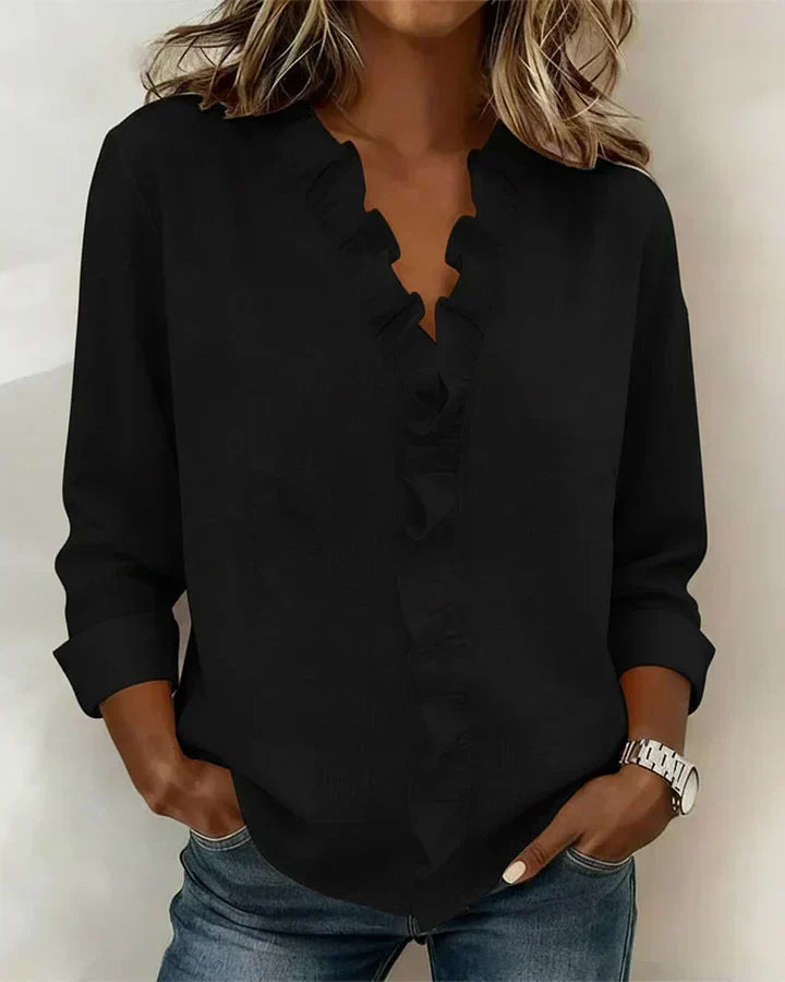 LUNA | Blouse with Ruffles, V-Neck and Long Sleeves