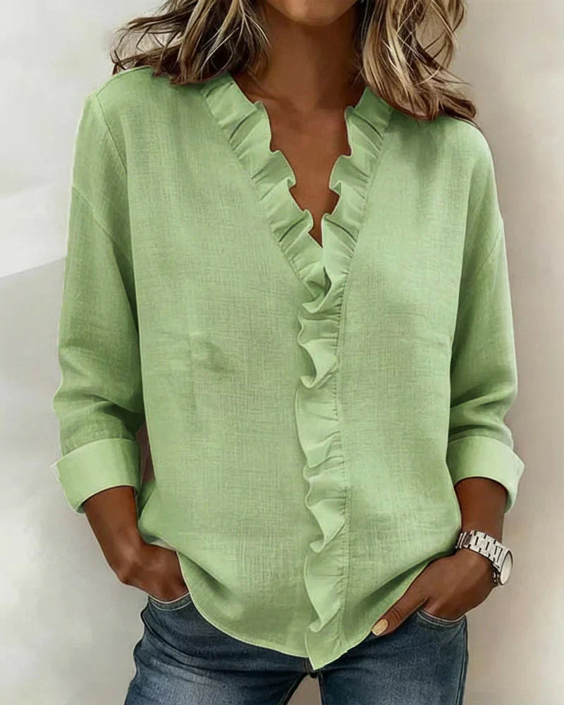 LUNA | Blouse with Ruffles, V-Neck and Long Sleeves