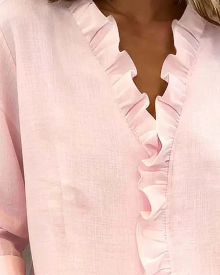 LUNA | Blouse with Ruffles, V-Neck and Long Sleeves