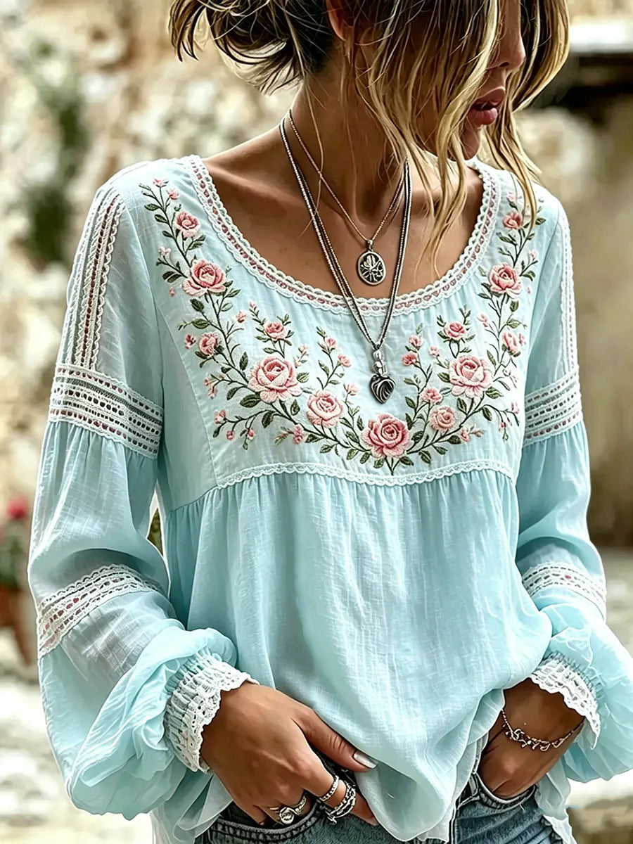 Mireille™ | Linen Blouse with Rose Embroidery & Lace Details
