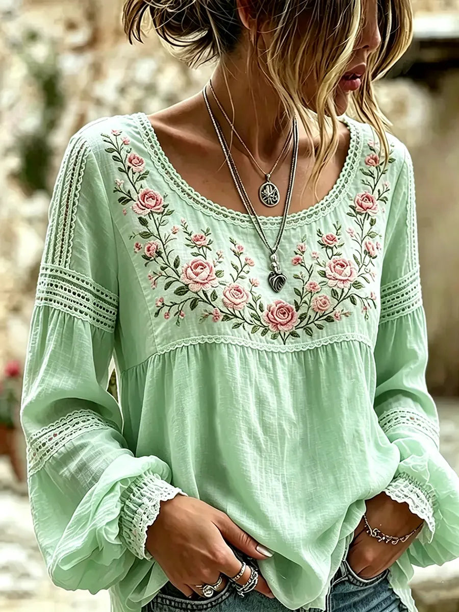 Mireille™ | Linen Blouse with Rose Embroidery & Lace Details