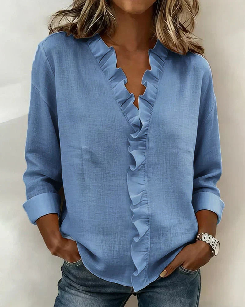 LUNA | Blouse with Ruffles, V-Neck and Long Sleeves