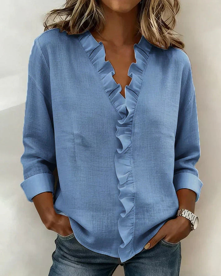 LUNA | Blouse with Ruffles, V-Neck and Long Sleeves