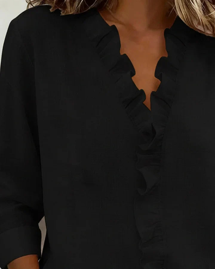 LUNA | Blouse with Ruffles, V-Neck and Long Sleeves