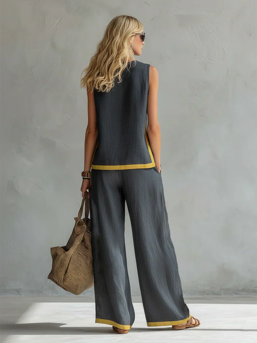 ELEGANT SLEEVELESS BLOUSE AND WIDE-LEG PANTS SET