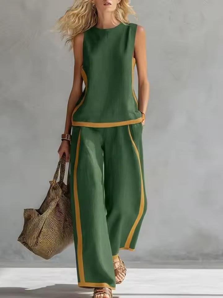 ELEGANT SLEEVELESS BLOUSE AND WIDE-LEG PANTS SET