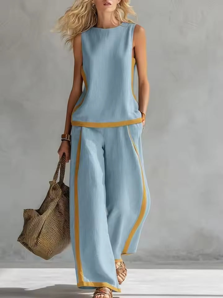 ELEGANT SLEEVELESS BLOUSE AND WIDE-LEG PANTS SET