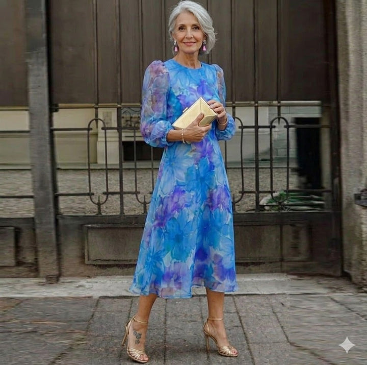 Aria | Wedding Guest Dress, Floral Print Midi Dress for Women, Pink & Blue