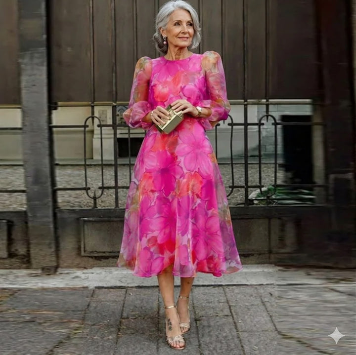 Aria | Wedding Guest Dress, Floral Print Midi Dress for Women, Pink & Blue